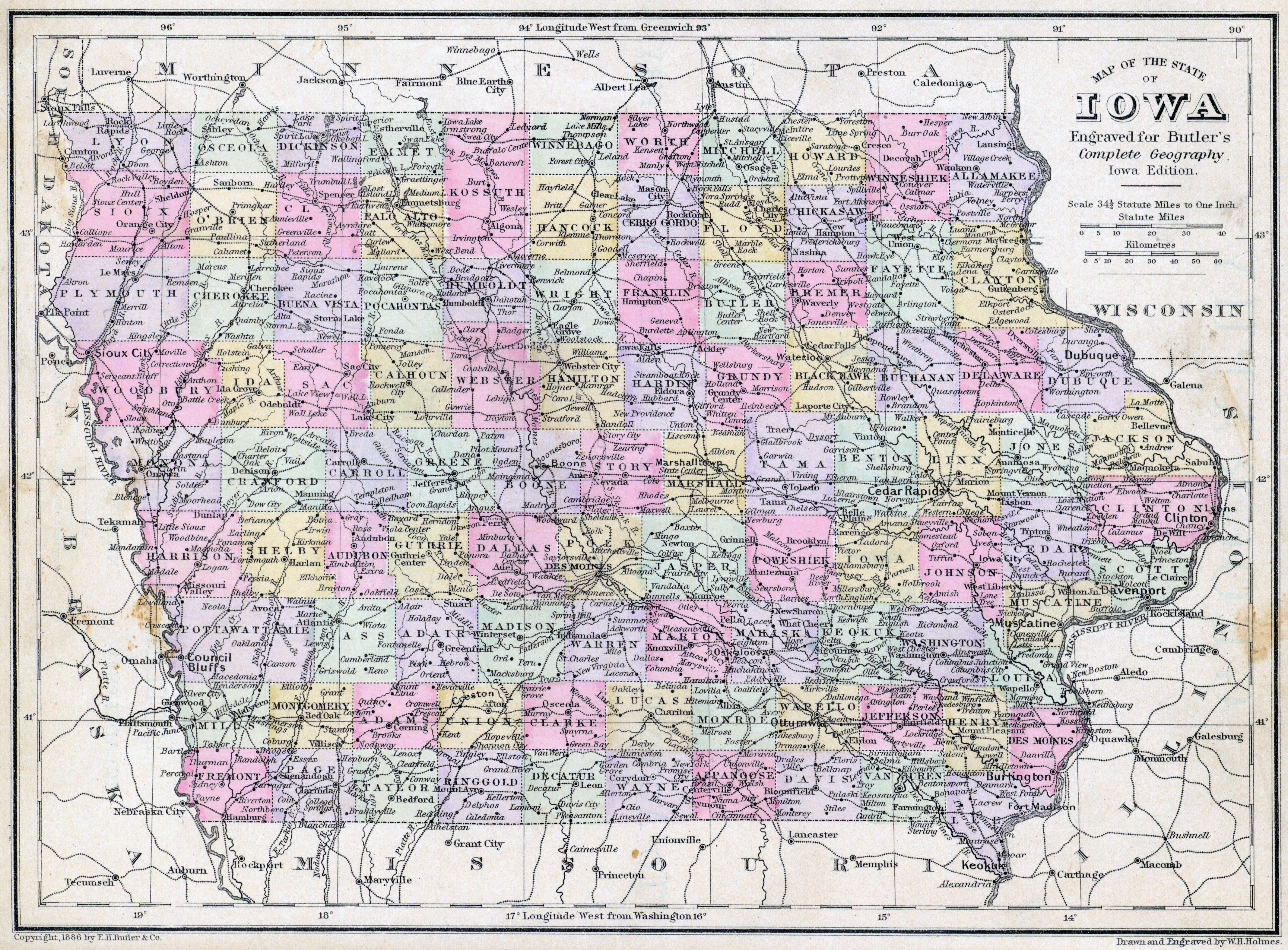 Large detailed old map of Iowa state with roads and cities – 1886