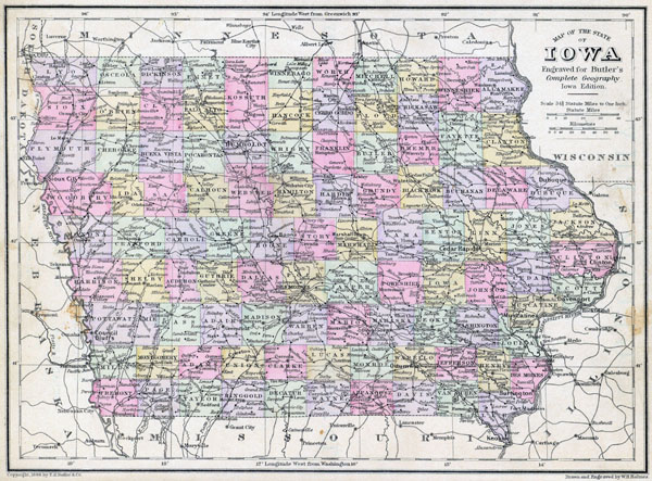 Large detailed old map of Iowa state with roads and cities - 1886.
