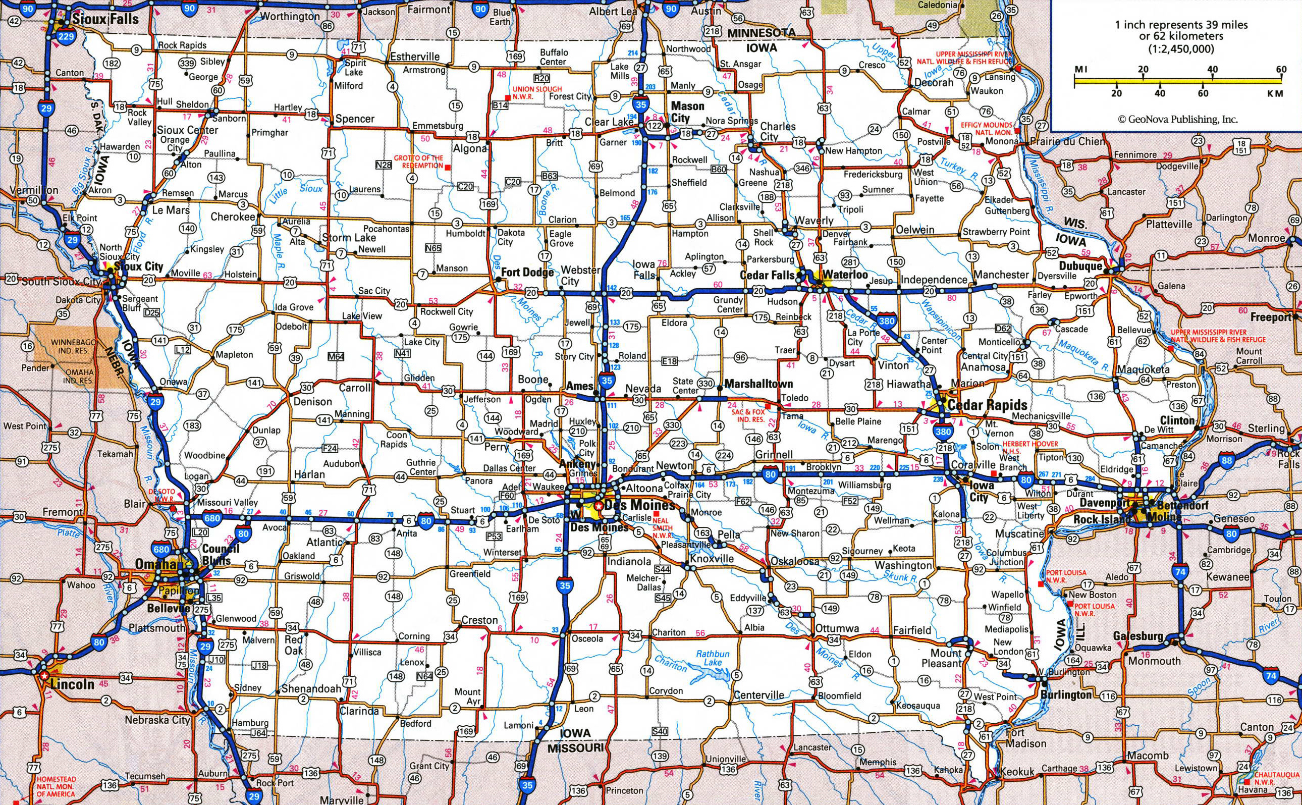 Large detailed roads and highways map of Iowa state with all cities