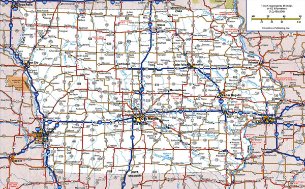 Large detailed roads and highways map of Iowa state with all cities.