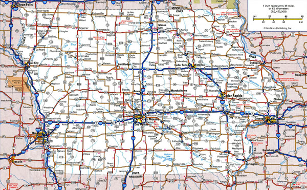 Large detailed roads and highways map of Iowa state with all cities.
