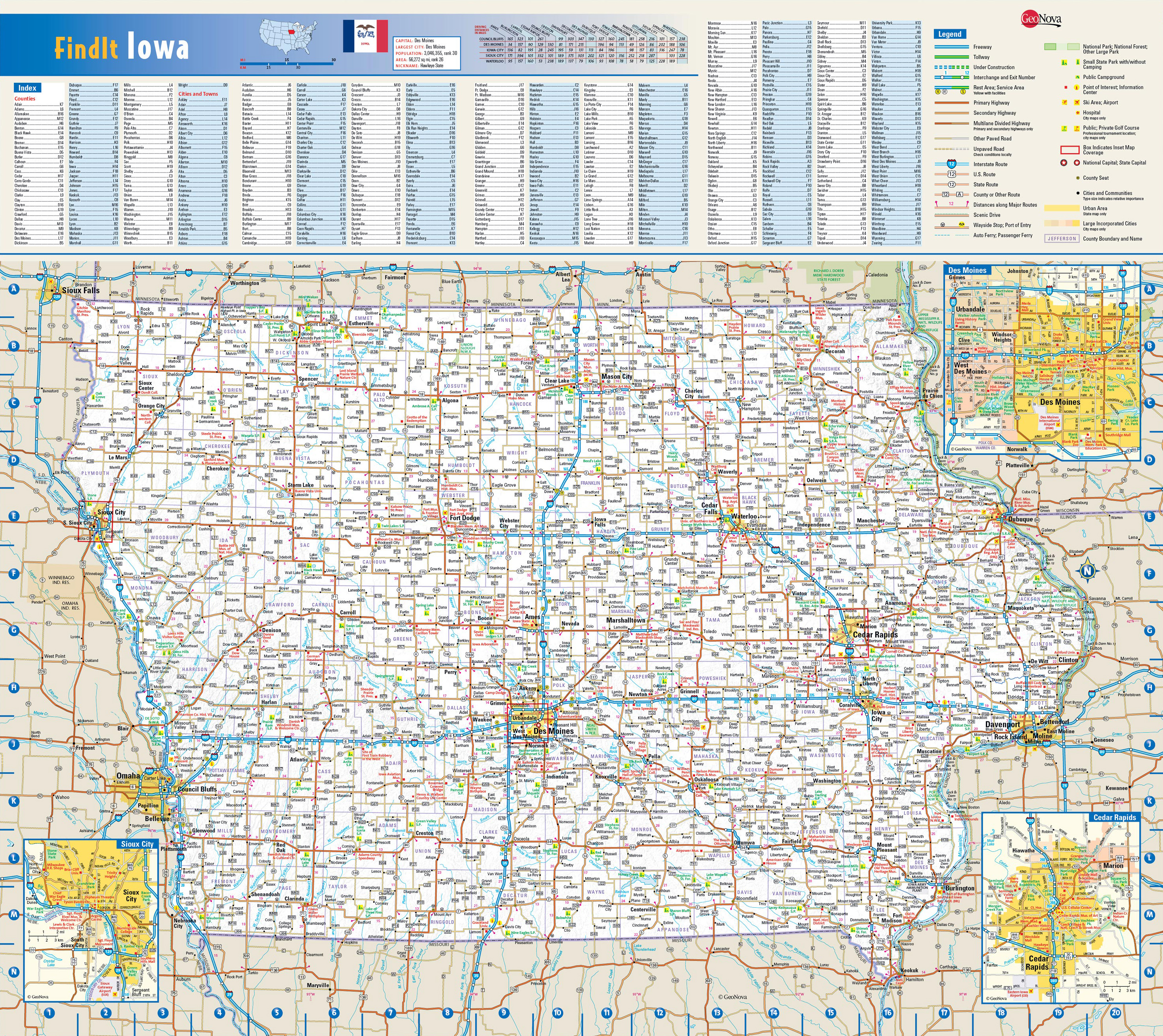 Large detailed roads and highways map of Iowa state with all cities and