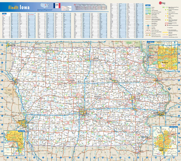 Large detailed roads and highways map of Iowa state with all cities and villages.