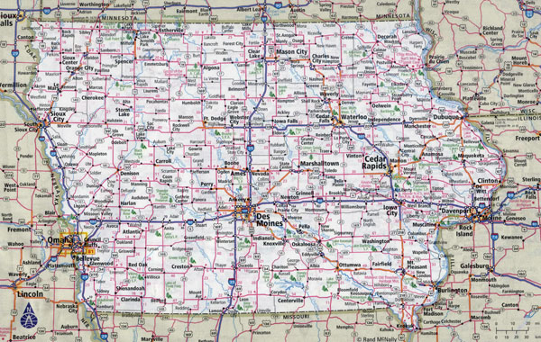 Large detailed roads and highways map of Iowa state with cities.