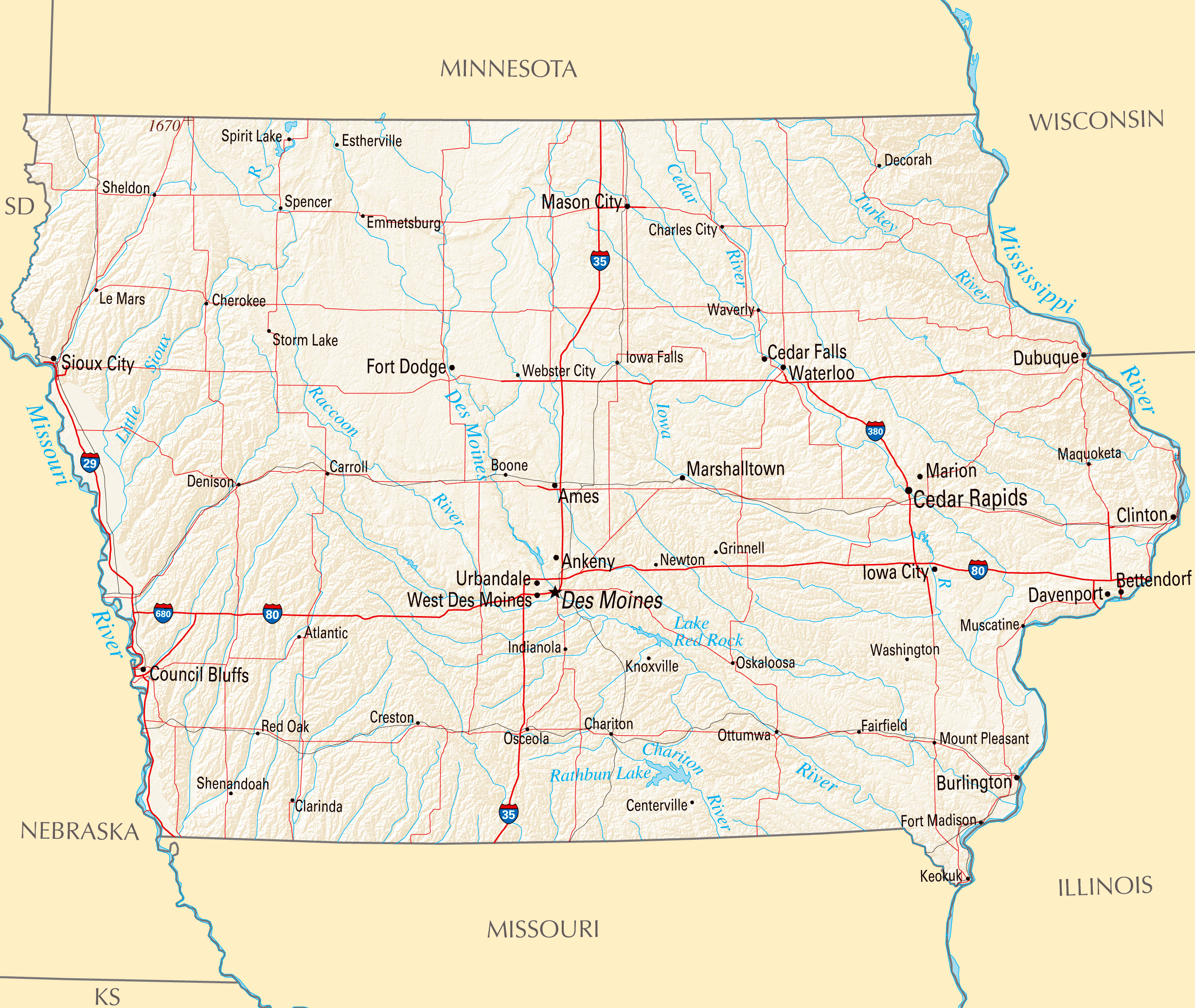 Iowa State Map With Cities Large World Map