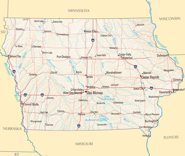 Large map of Iowa state with relief, highways and major cities.