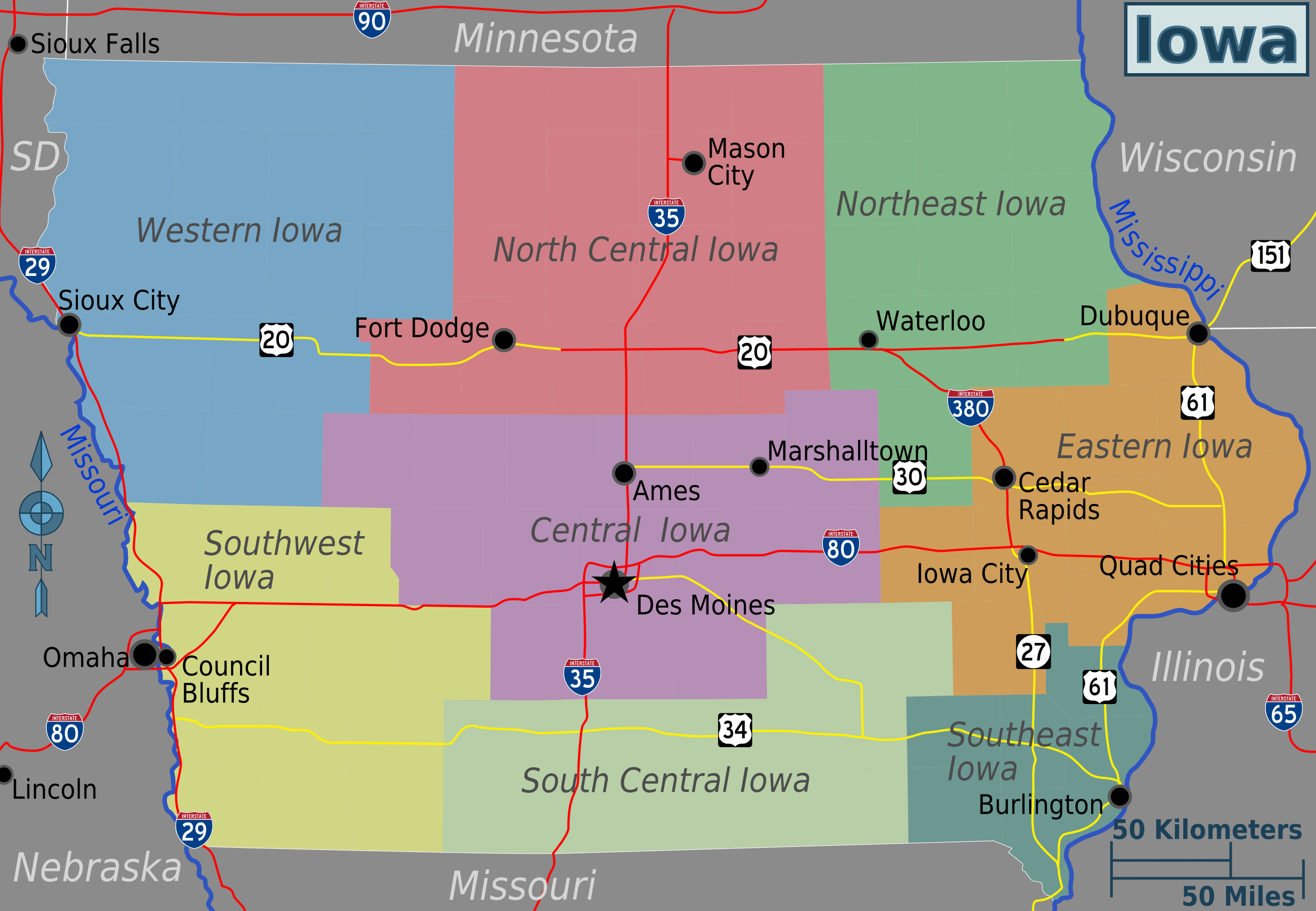 Large regions map of Iowa state. Iowa state large regions map | Vidiani