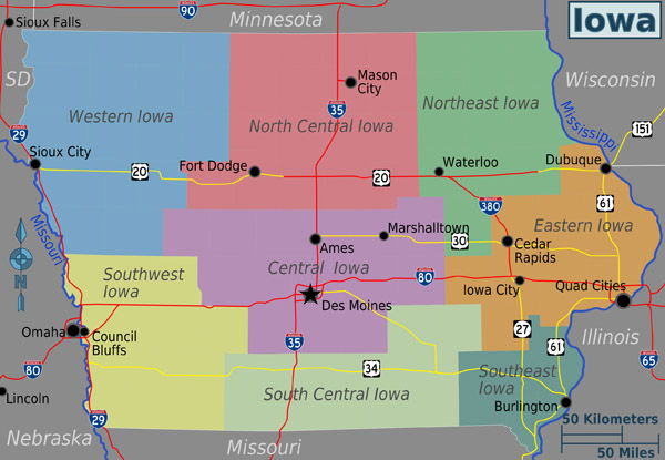 Large regions map of Iowa state. Iowa state large regions map.