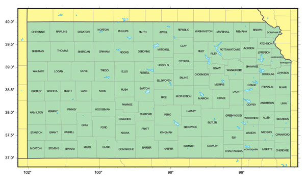 Detailed administrative map of Kansas state.