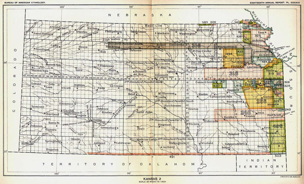 Large Native American Territories map of Kansas state - 1866 - 1867.