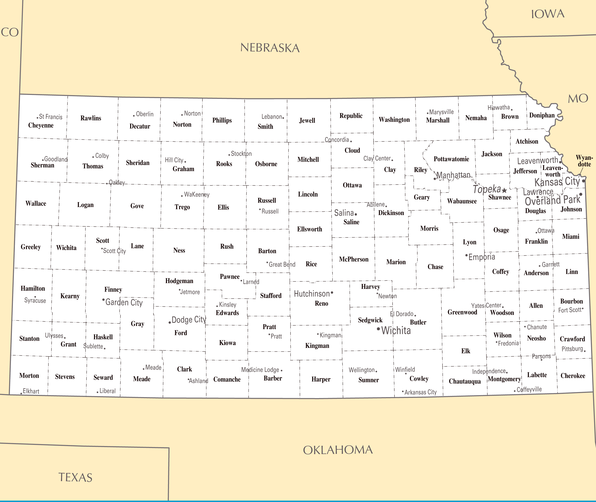 Large administrative divisions map of Kansas state. Kansas state large