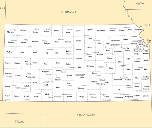Large administrative divisions map of Kansas state.