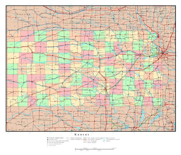 Large detailed administrative map of Kansas state with highways and cities.