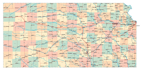 Large detailed administrative map of Kansas state with highways and major cities.