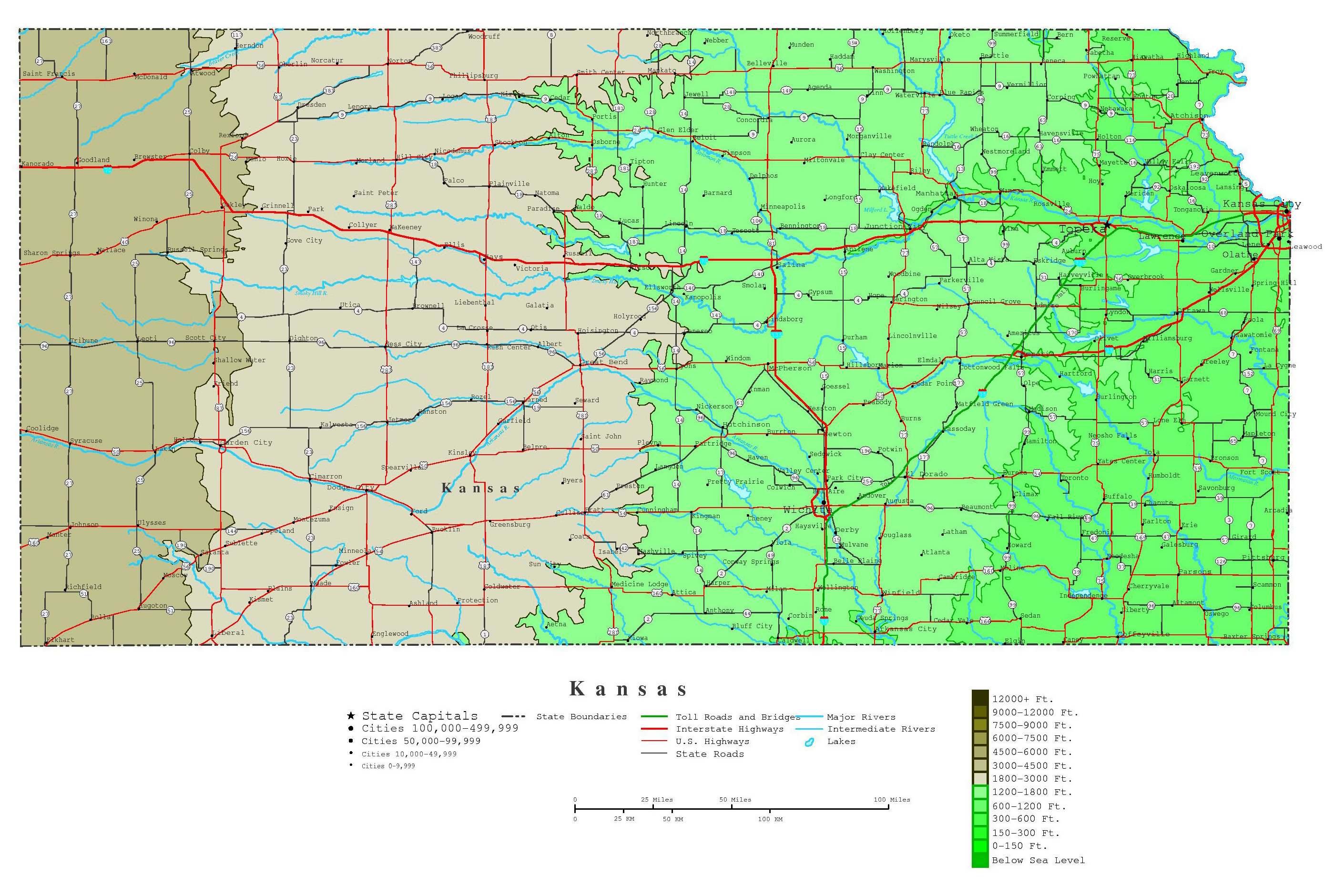 Large Detailed Elevation Map Of Kansas State With Highways And Major
