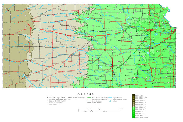 Large detailed elevation map of Kansas state with highways and major cities.