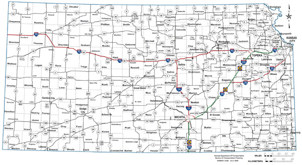 Large detailed highways and roads map of Kansas state.