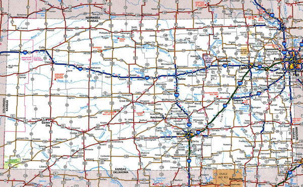 Large detailed roads and highways map of Kansas state with all cities.