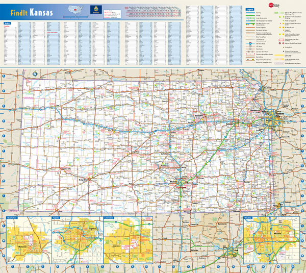 Large detailed roads and highways map of Kansas state with all cities and villages.