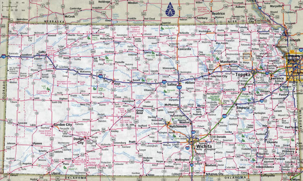 Large detailed roads and highways map of Kansas state with cities.