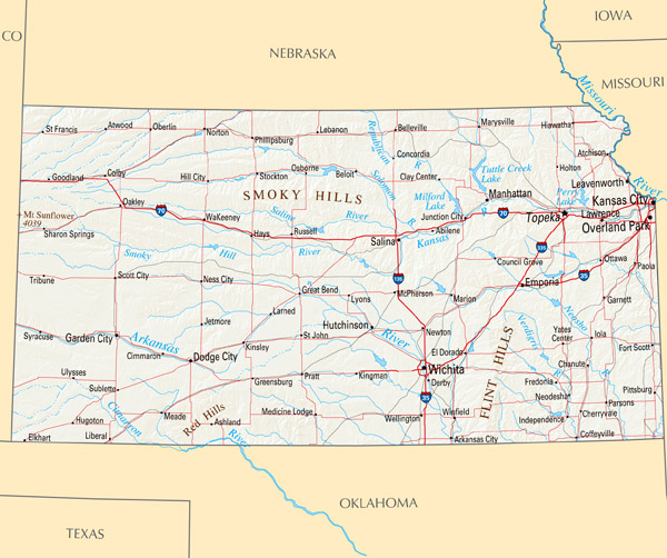 Large highways map of Kansas state with relief and major cities.