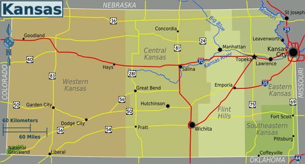 Large regions map of Kansas state. Kansas state large regions map.