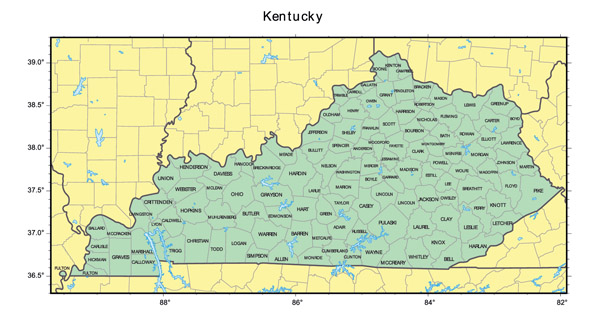 Detailed administrative map of Kentucky state.