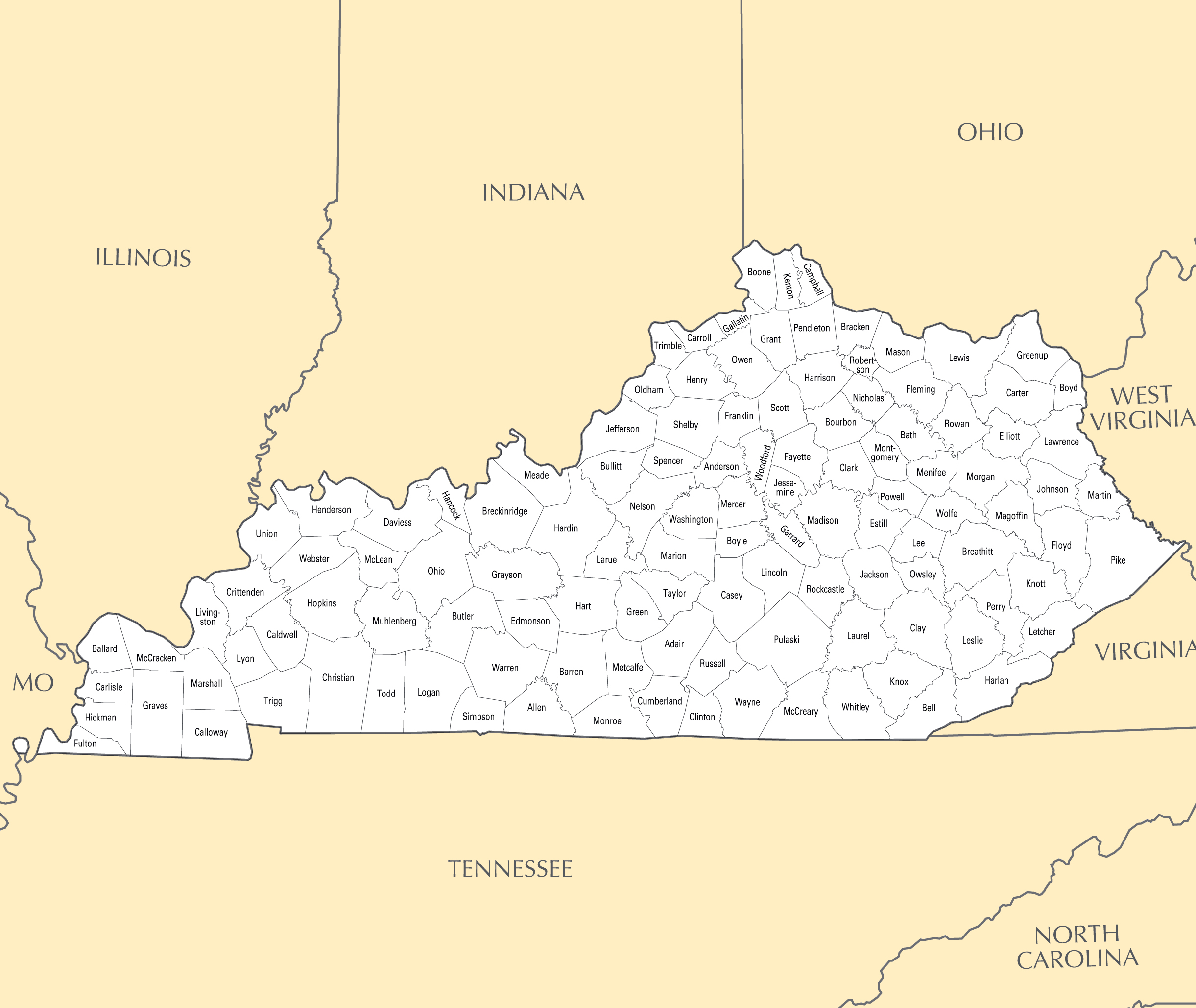 Large administrative map of Kentucky state. Kentucky state large