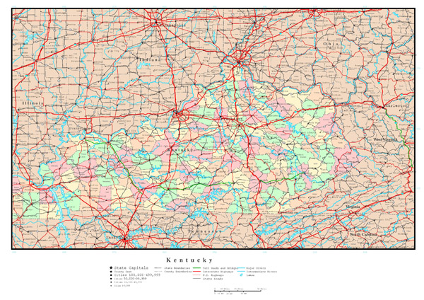 Large administrative map of Kentucky state with highways and all cities.