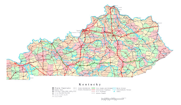 Large administrative map of Kentucky state with highways and cities.