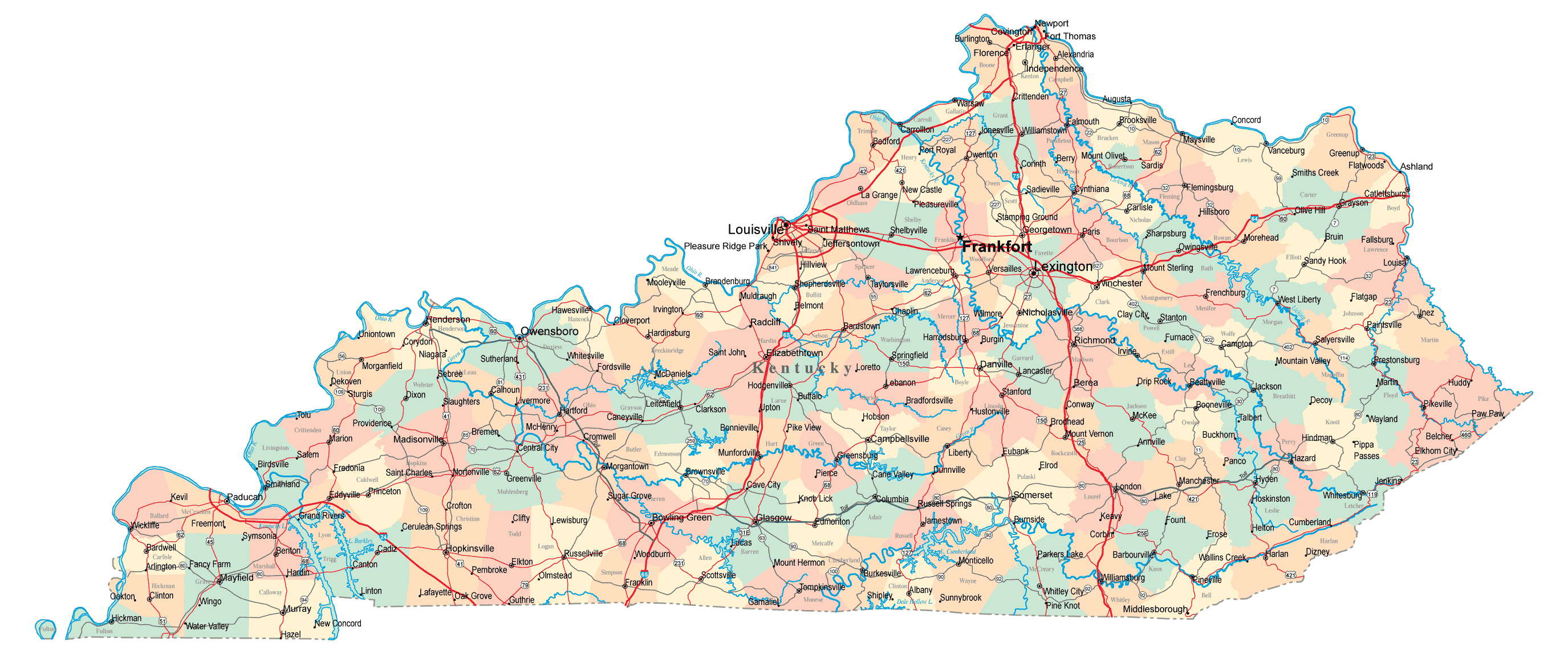Large administrative map of Kentucky state with highways and major