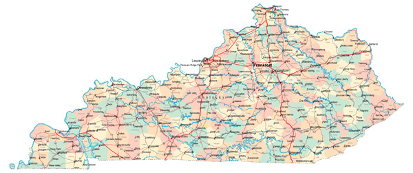 Large administrative map of Kentucky state with highways and major cities.