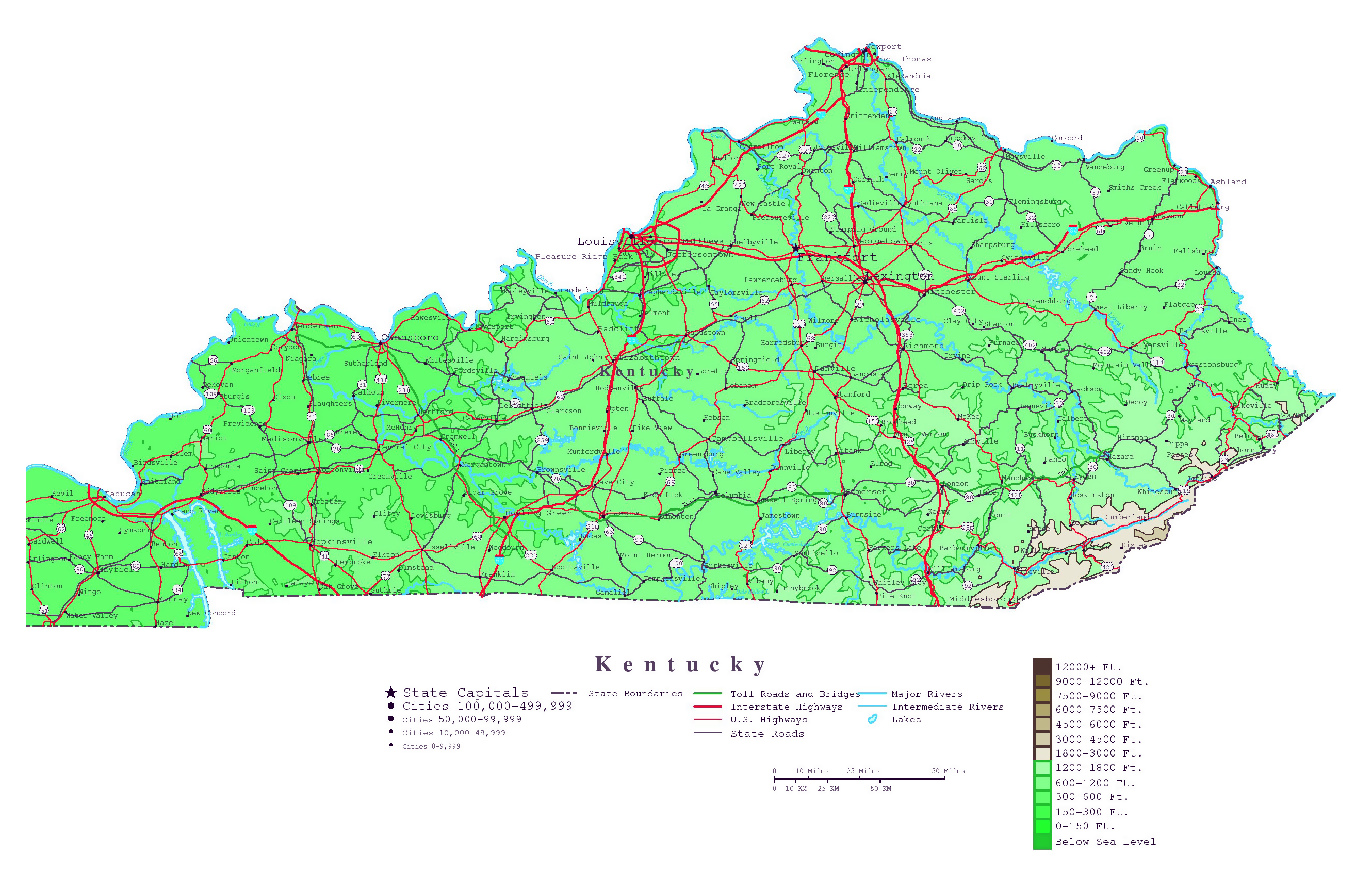 Kentucky County Map With Roads Large Detailed Elevation Map Of Kentucky State With Roads And Cities Vidiani Com Maps Of All Countries In One Place