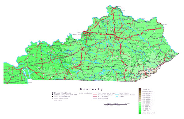 Large detailed elevation map of Kentucky state with roads and cities.
