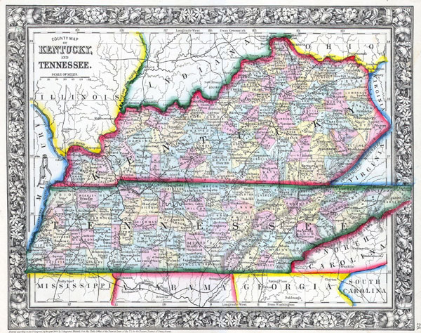 Large detailed old administrative map of Kentucky and Tennessee - 1862.