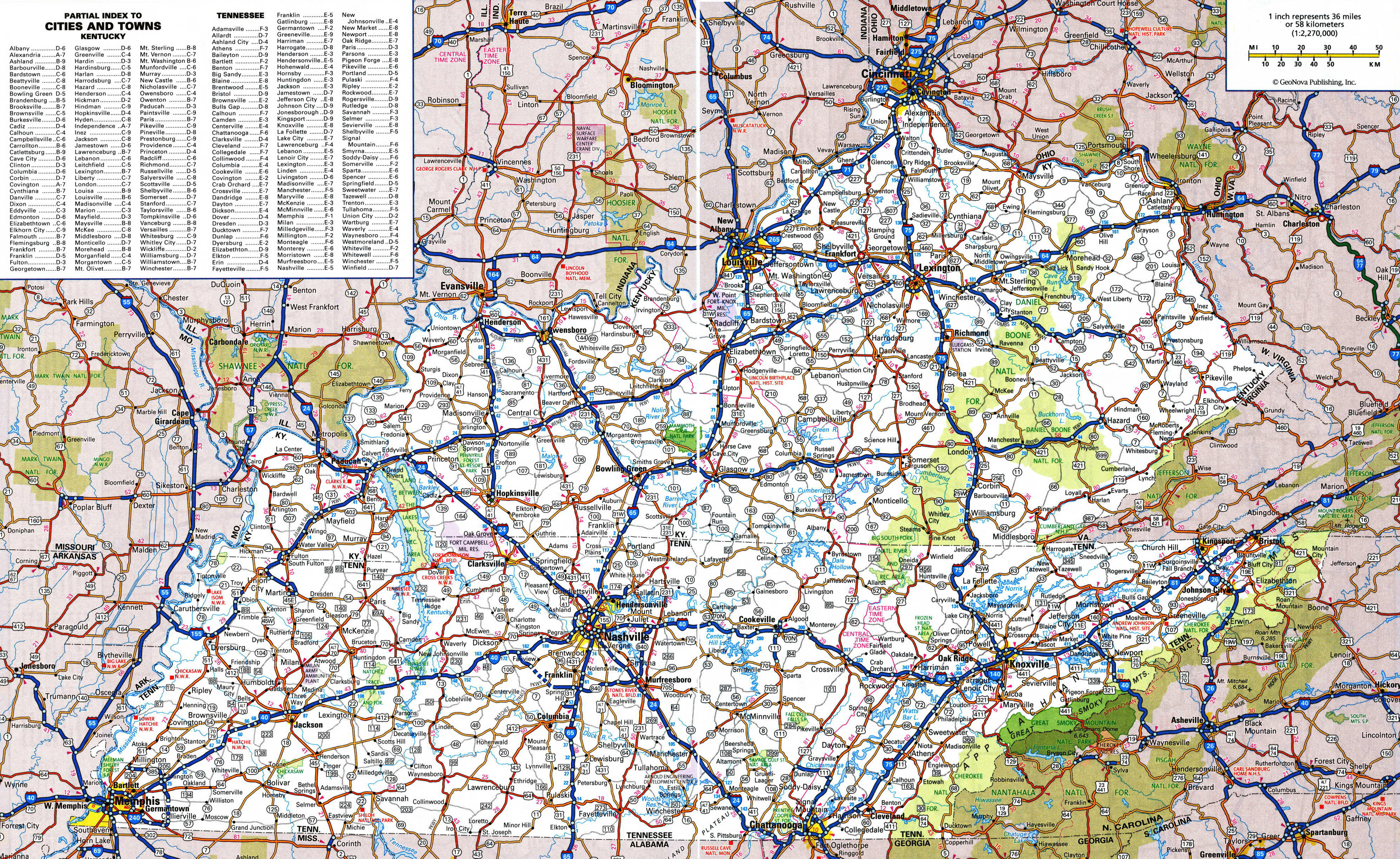 Large detailed roads and highways map of Kentucky state with all cities