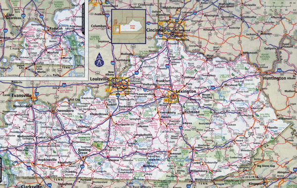 Large detailed roads and highways map of Kentucky state with cities.