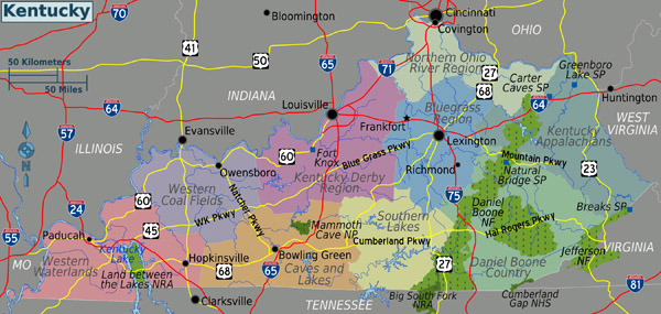 Large regions map of Kentucky state. Kentucky state large regions map.