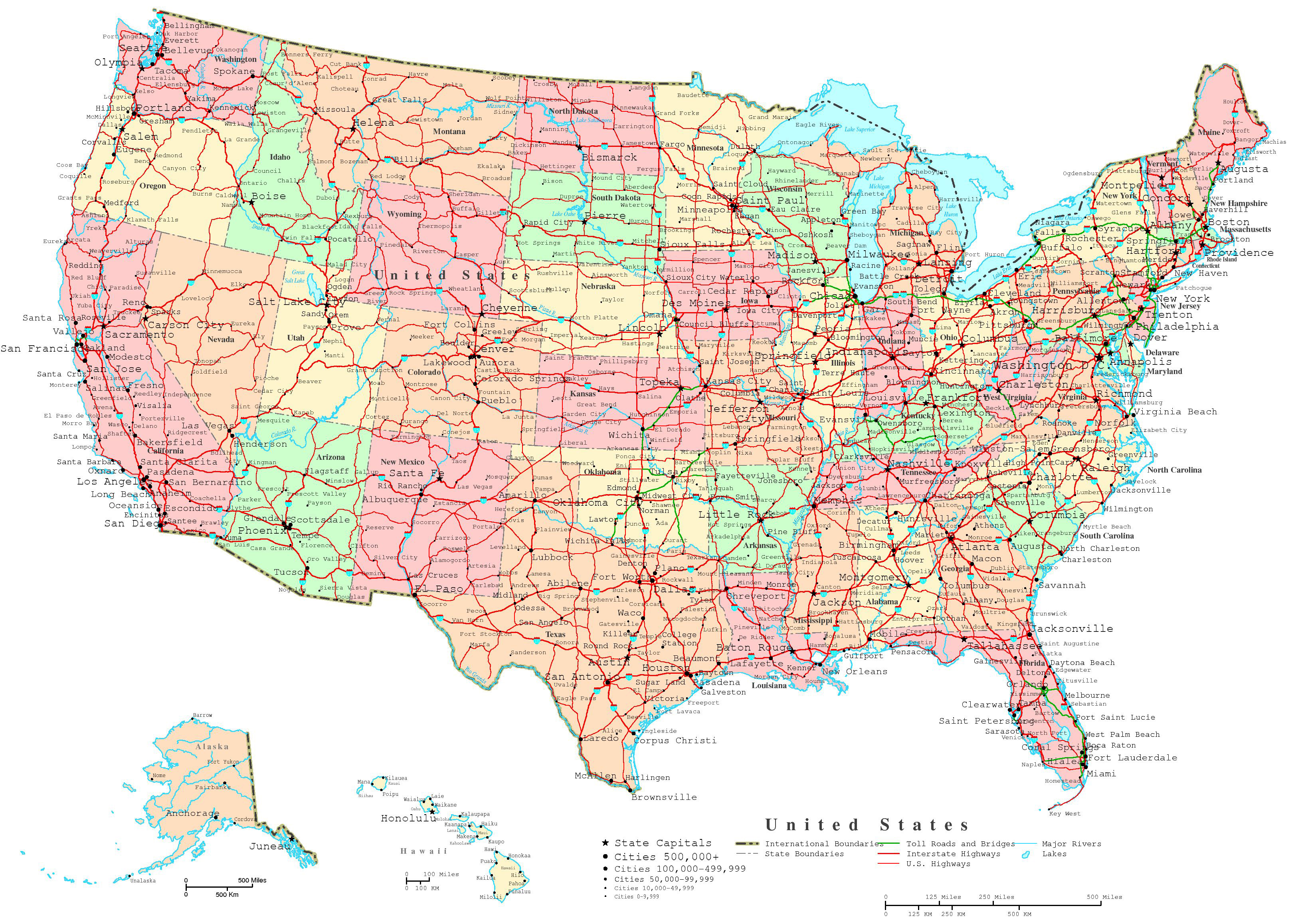 Large detailed administrative and road map of the USA. The USA large