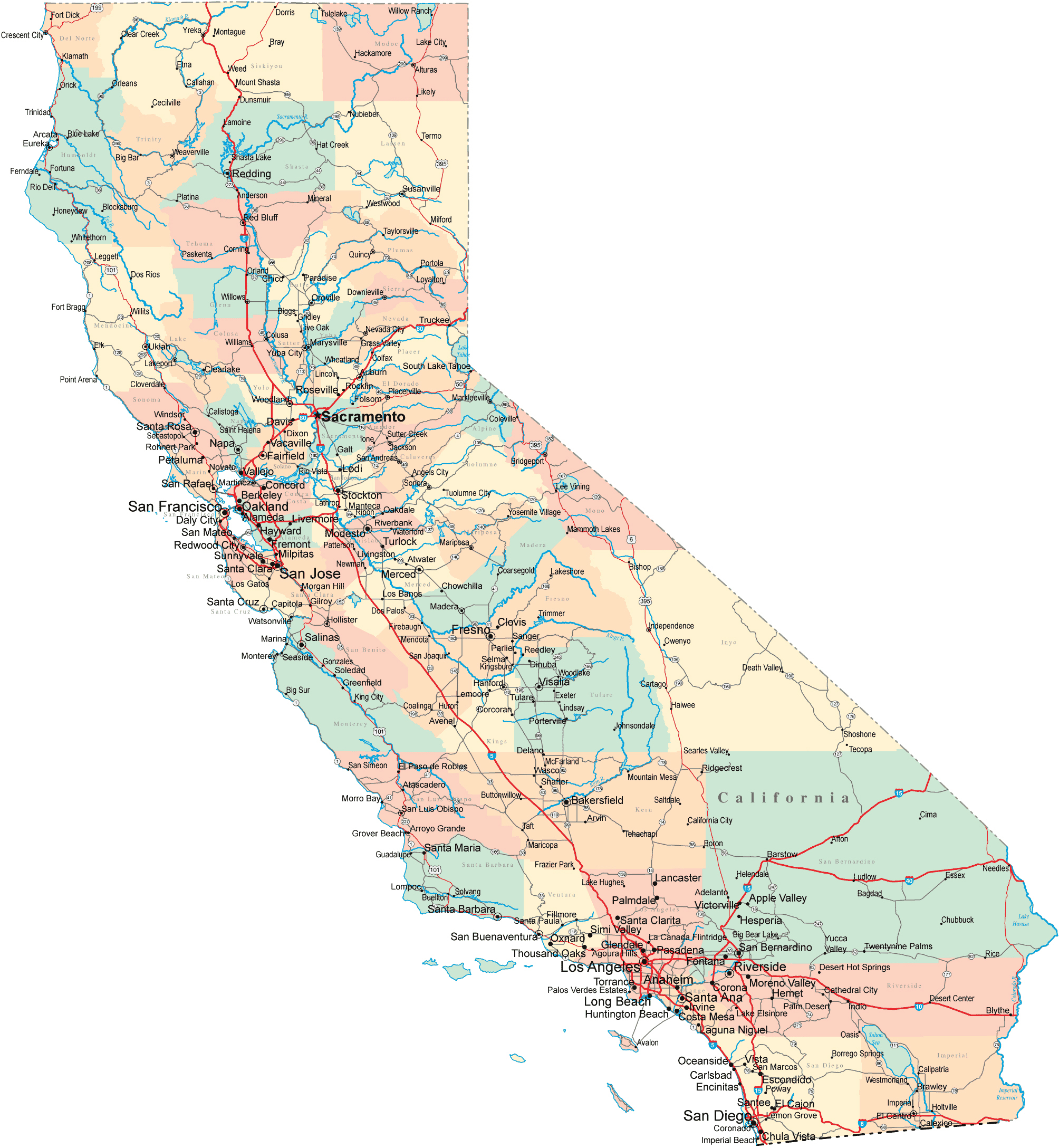 Large detailed administrative and road map of California. California