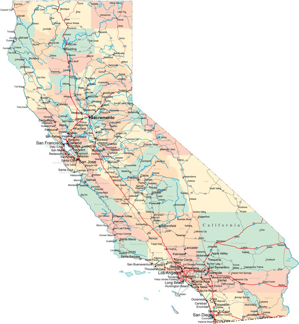 Large detailed administrative and road map of California. California large administrative and road map. Large detailed administrative and road map of California.