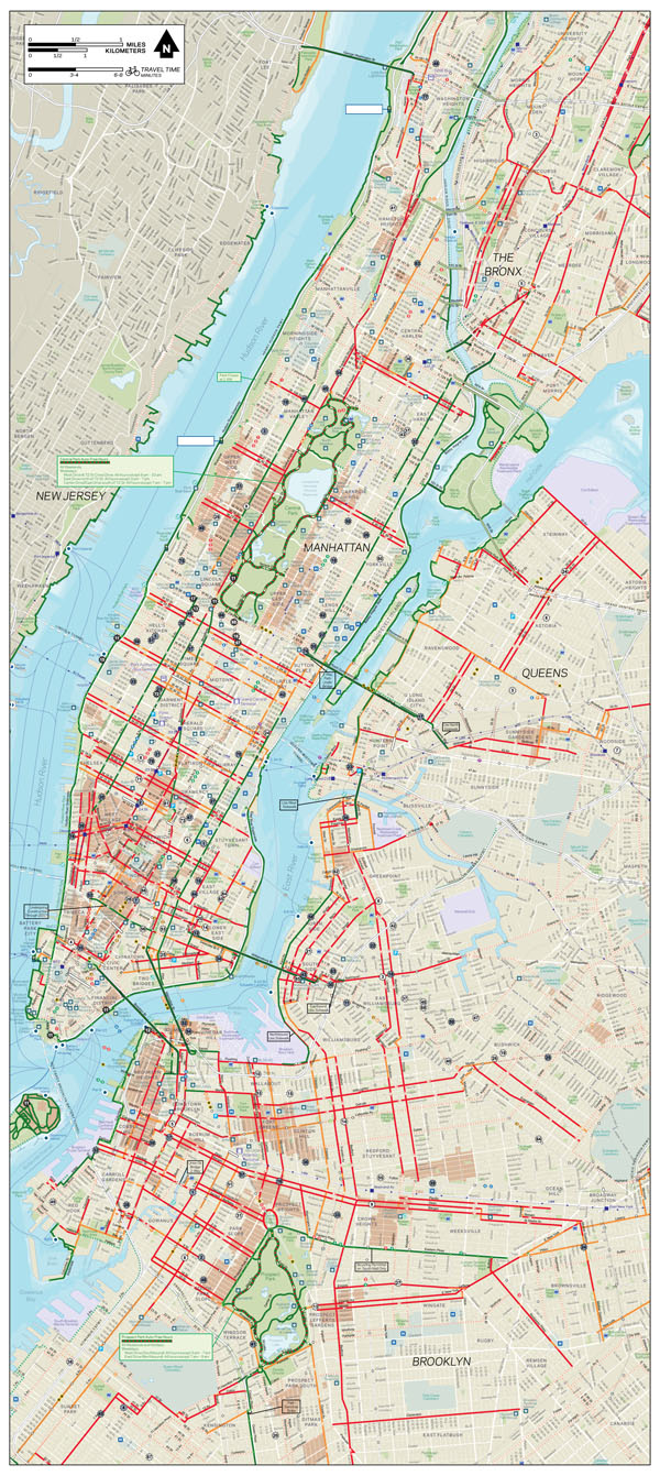 Large detailed New York (Manhattan, Bronx, Queens and Brooklyn) bike map.