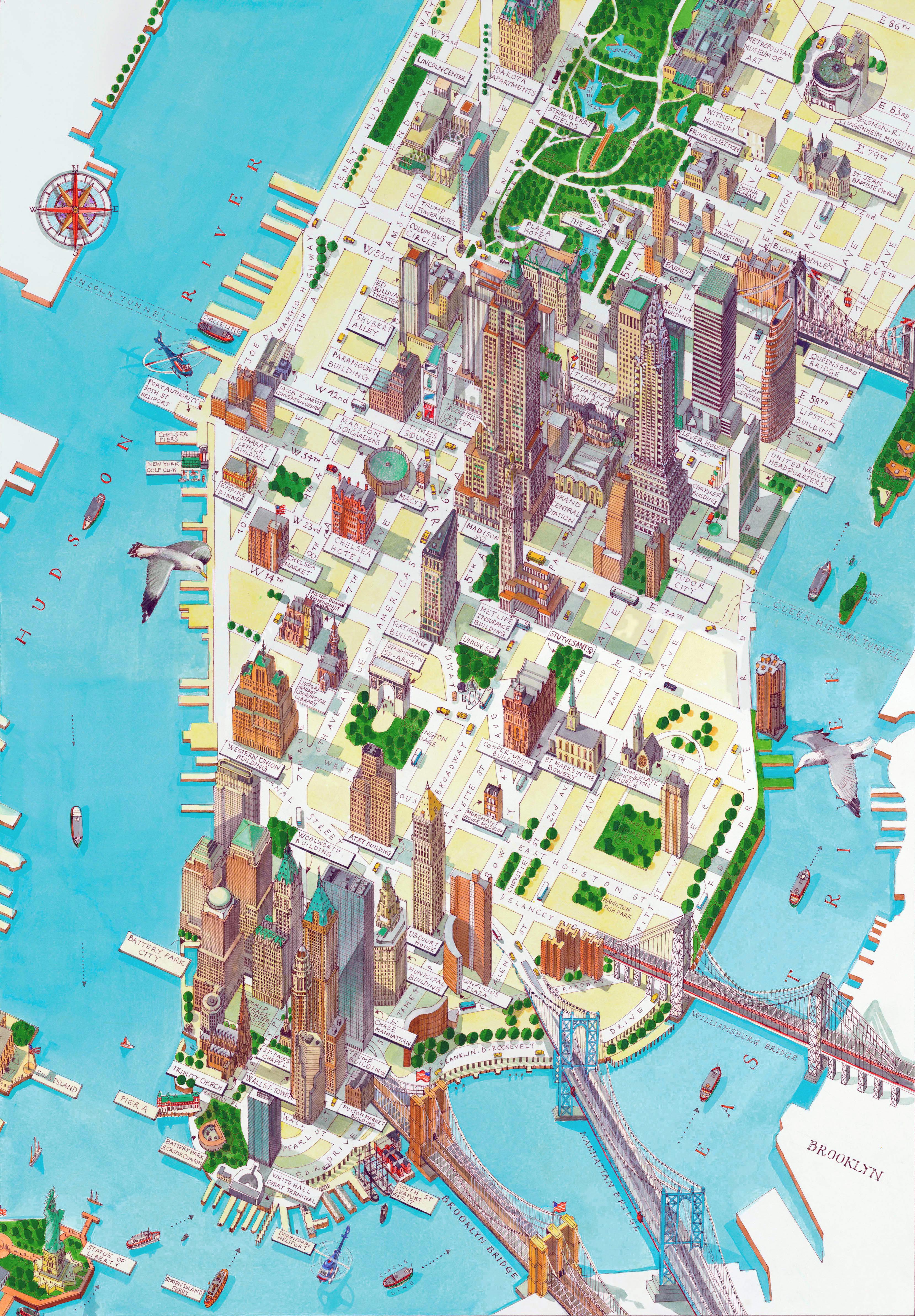 Large detailed panoramic drawing map of lower Manhattan NY city