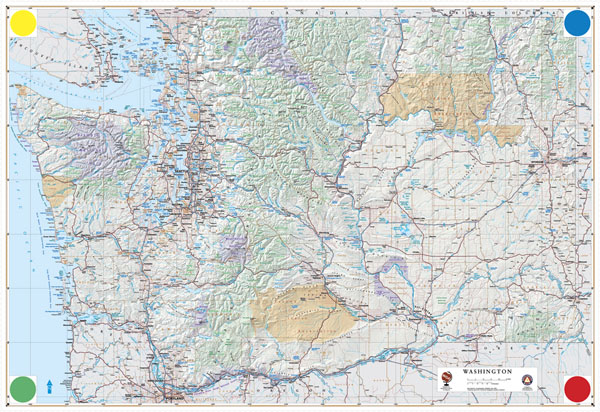 Large detailed physical and road map of Washington.