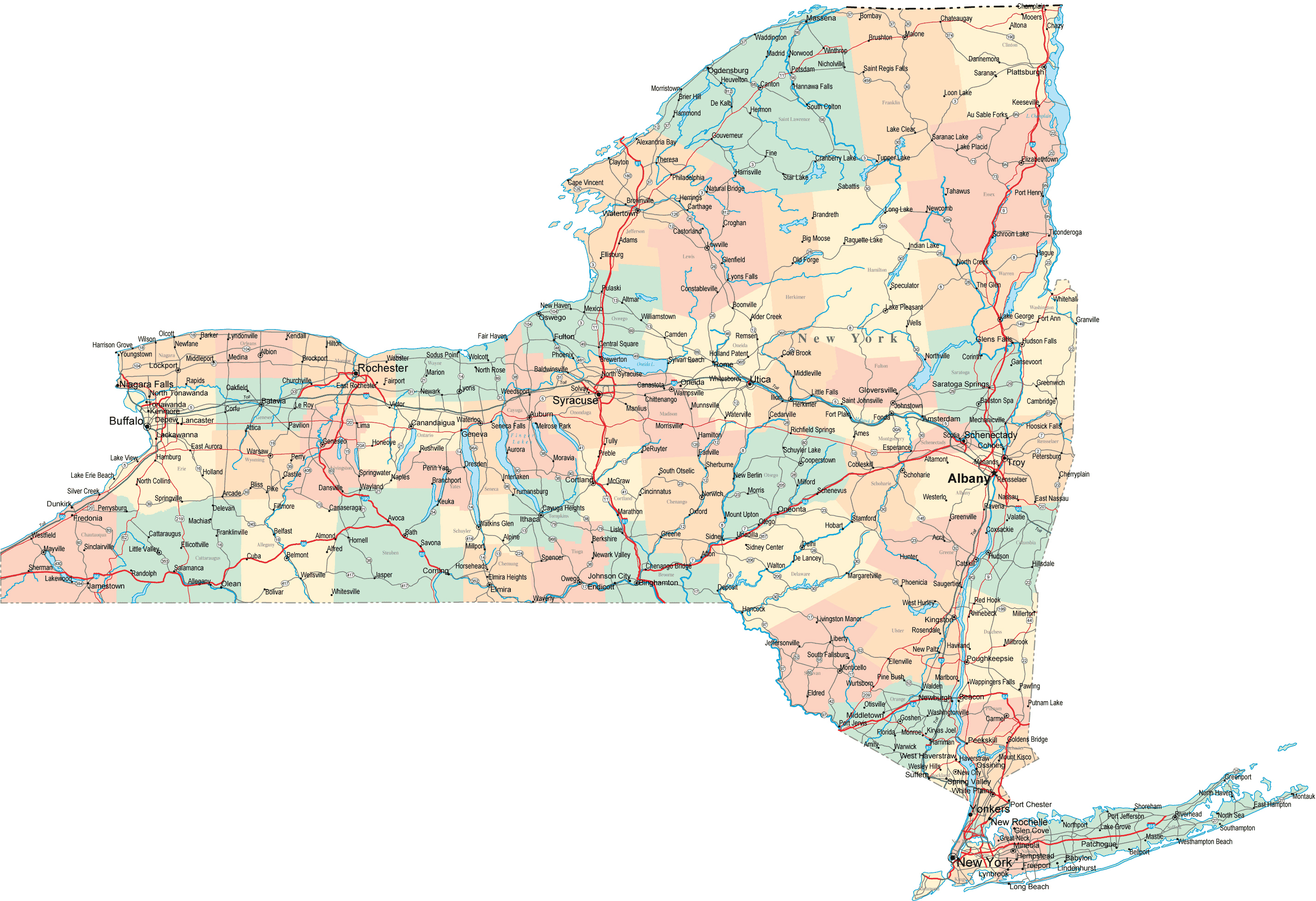 Large detailed road and administrative map of New York State. New York