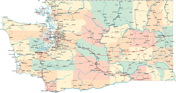 Large detailed road and administrative map of Washington.