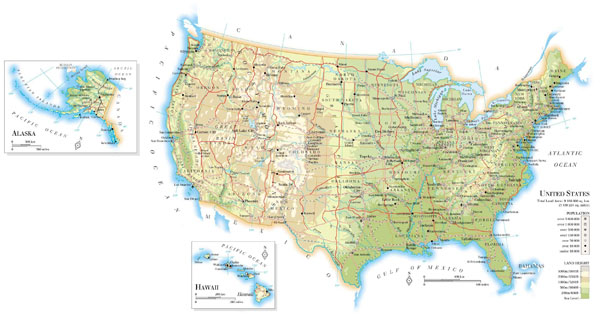 Large detailed road and relief map of the United States.