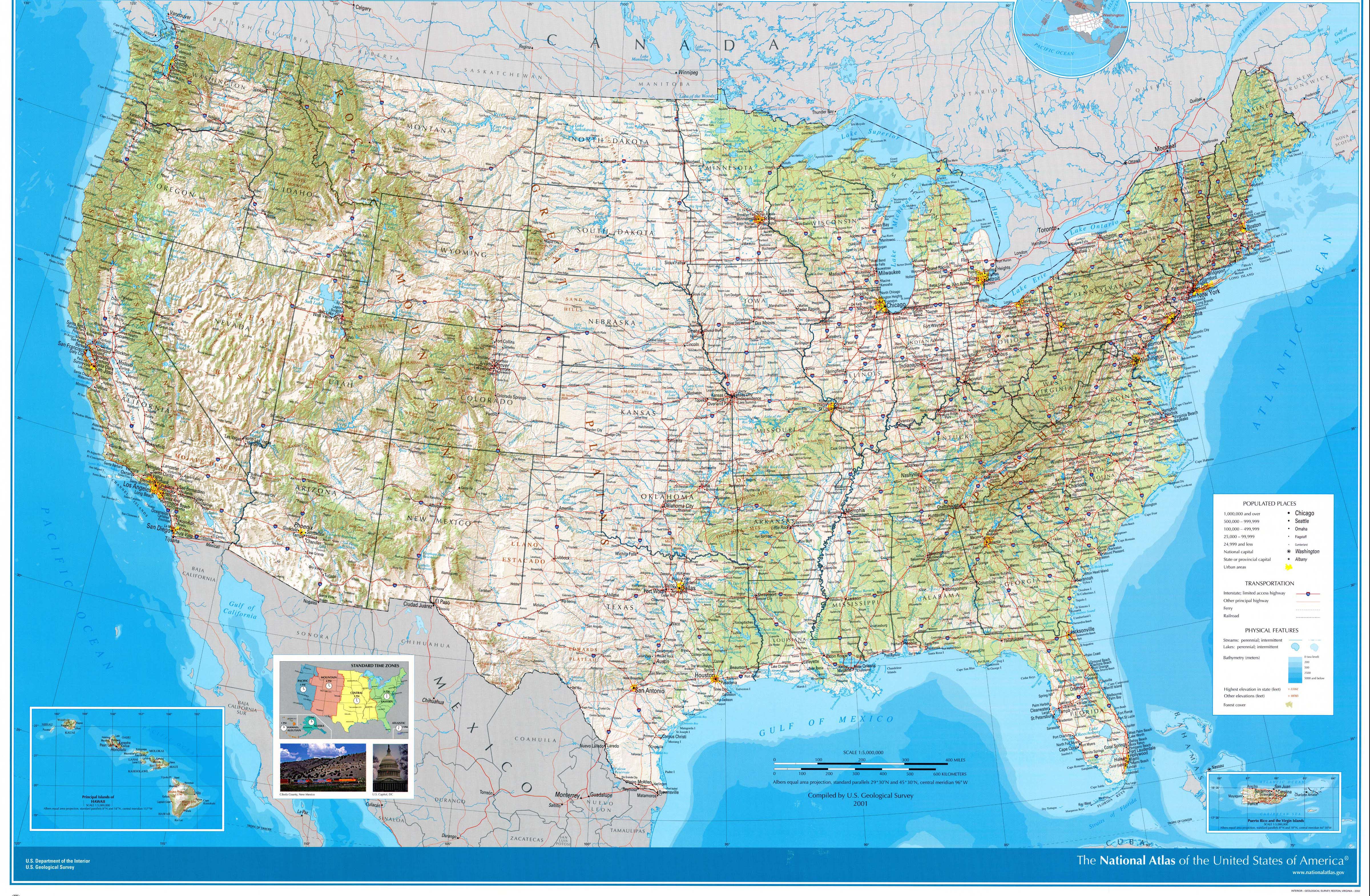 Large Detailed Road And Topographical Map Of The Usa The Usa