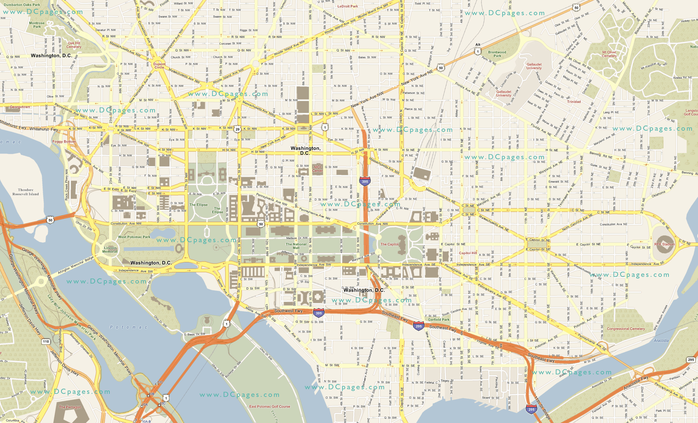 Large detailed road map of Washington D.C.. Washington D.C. large ...