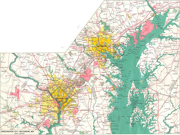 Large detailed road map of Washington D.C. and Baltimore.